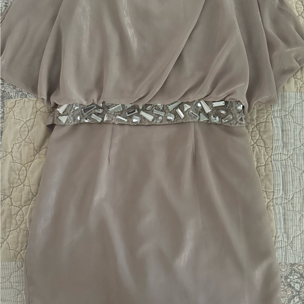Elegant Taupe Dress with Embellished Waist